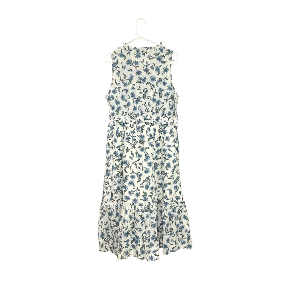 J.Crew Blue Floral Cotton Sleeveless Tiered Midi Dress Tie Front Size 12 Medium - Picture 3 of 6